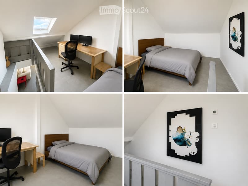 Cozy attic bedroom with slanted ceilings, featuring a double bed, desk with chair, and a small sofa area. Includes a large window and a modern artwork on the wall.