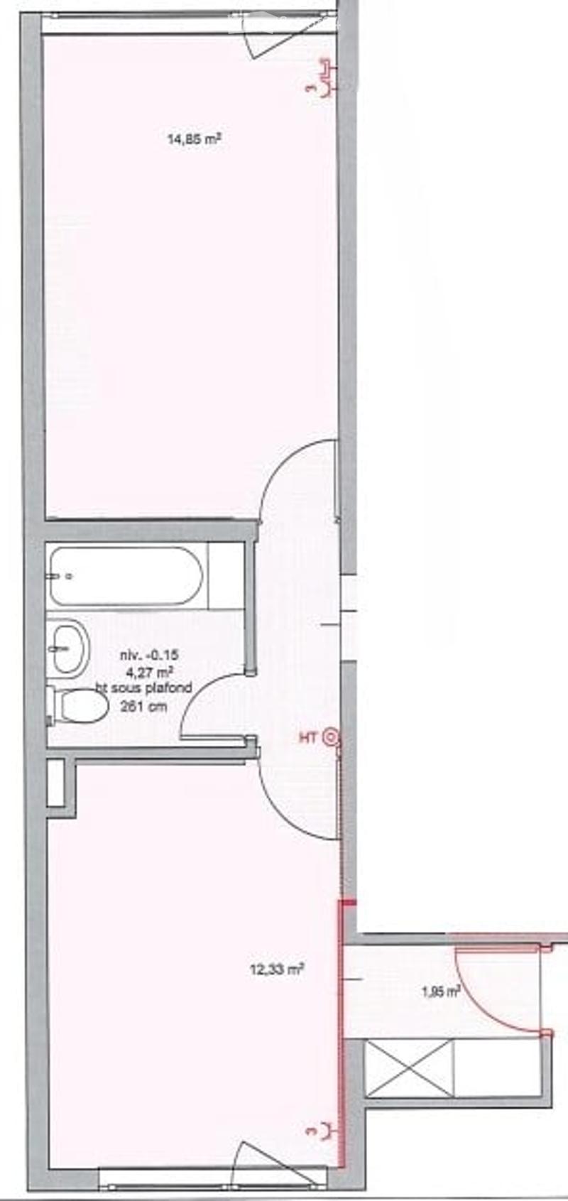 Floor plan of a small apartment with a living area, a bedroom, and a bathroom. The living area is 14.85 m², the bedroom is 12.33 m², and the bathroom is 1.85 m². The layout includes a small hallway and a closet.