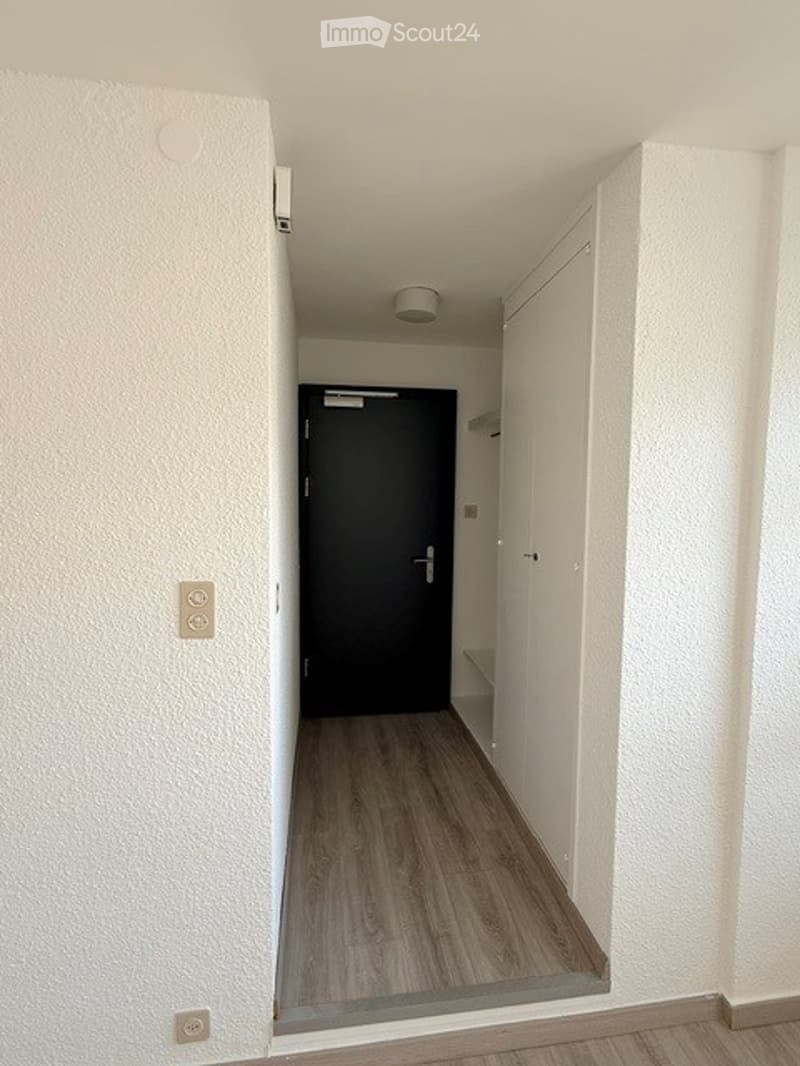 Empty hallway with wooden flooring, white walls, and a closed black door at the end.