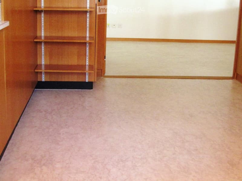 Empty room with light-colored carpet and wooden walls, featuring a single wooden shelf unit with empty shelves.