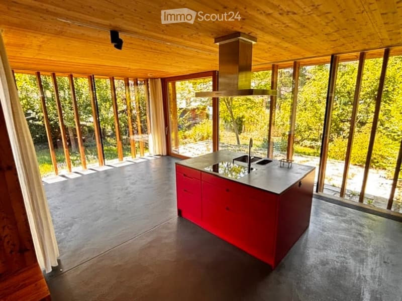 Modern kitchen with large windows offering a view of greenery, red cabinetry, a central island, and stainless steel appliances.