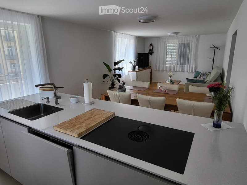 Modern kitchen and living area with white countertops, induction cooktop, sink, and a dining area with chairs and a table. A living area features a sofa, television, and decorative plants.
