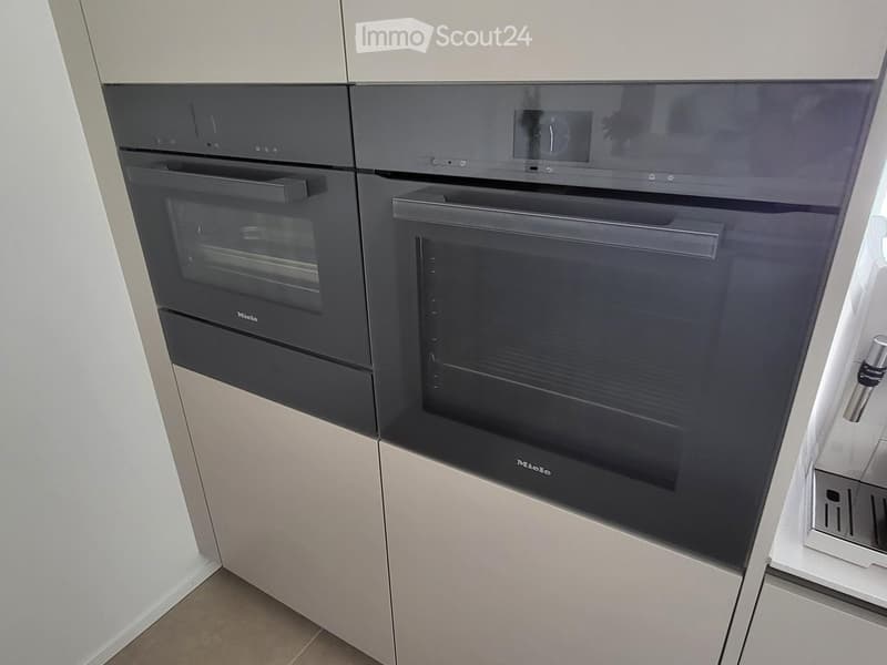 Modern kitchen with two built-in ovens, sleek design, light-colored cabinets, and a clean, contemporary look.