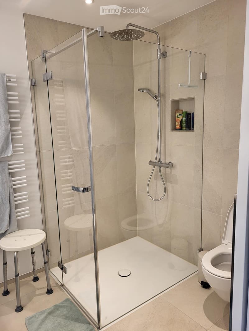 Modern bathroom with a walk-in shower, toilet, towel rack, and a small stool for sitting.