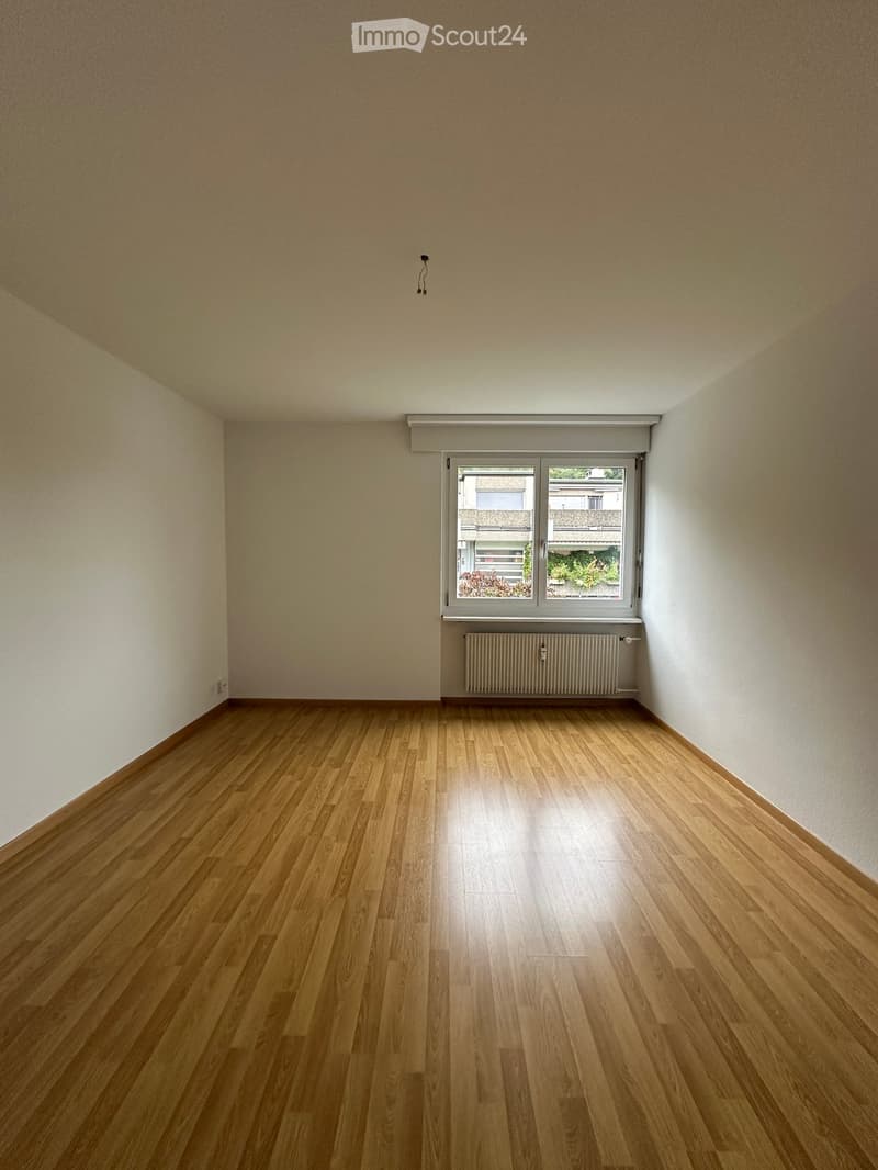 Empty room with wooden flooring, white walls, and a large window with a radiator below it.