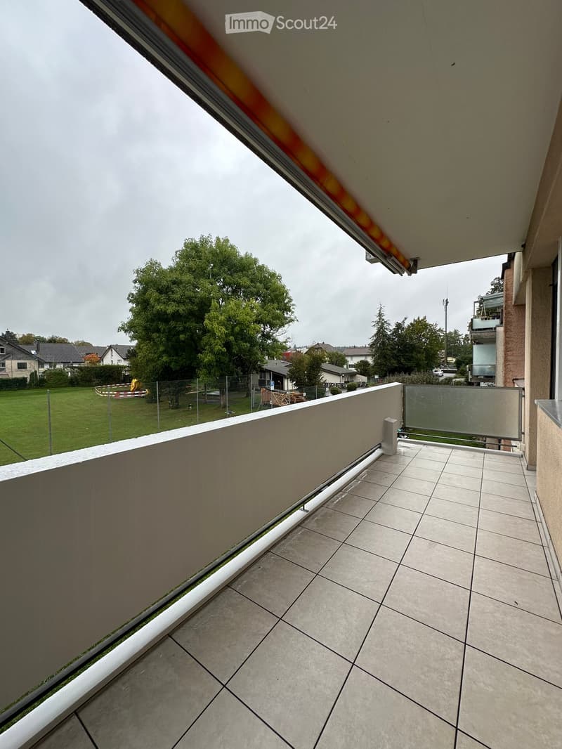 Balcony with tiled floor, glass railing, and view of a green park and residential area.