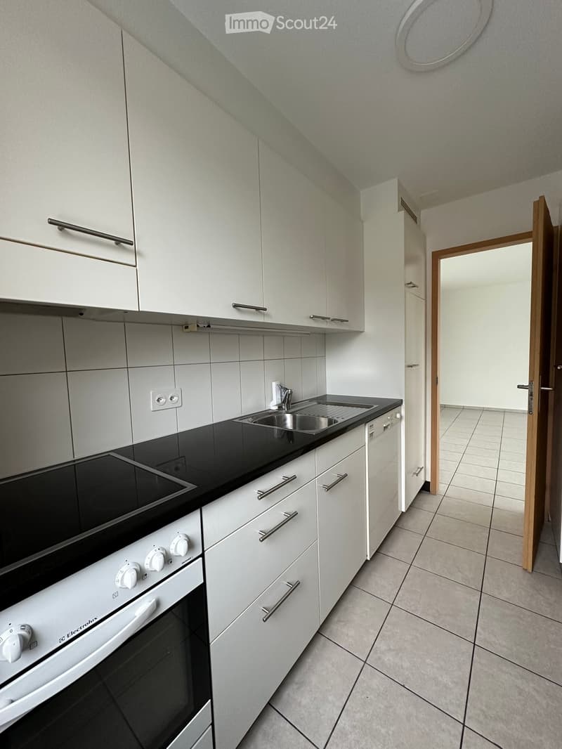 Modern kitchen with white cabinets, black countertops, stainless steel sink, and built-in oven and stove.