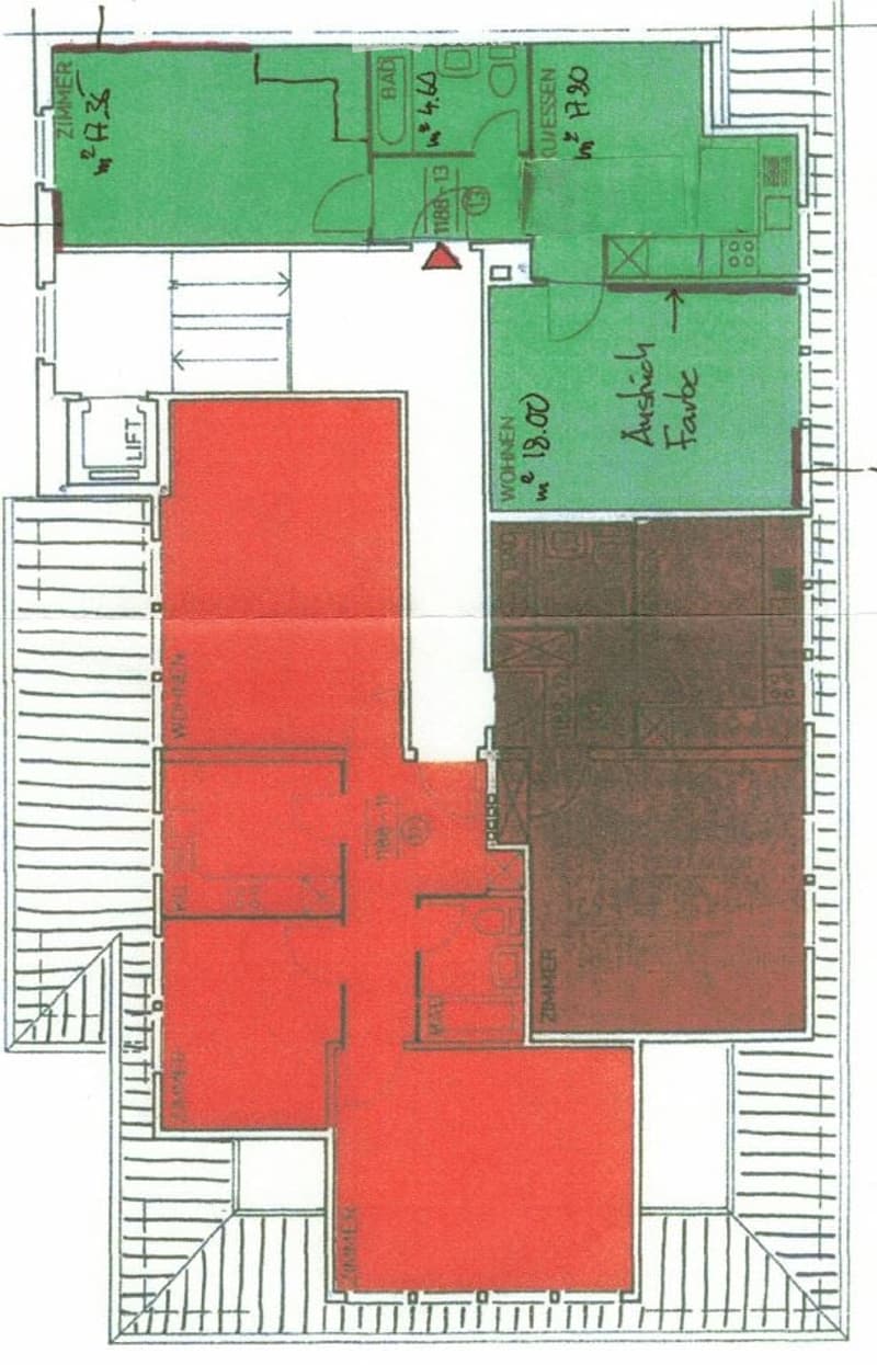 Floor plan of a house with multiple rooms including a living area, bedrooms, and bathrooms. The layout includes a green outdoor area and a parking space.