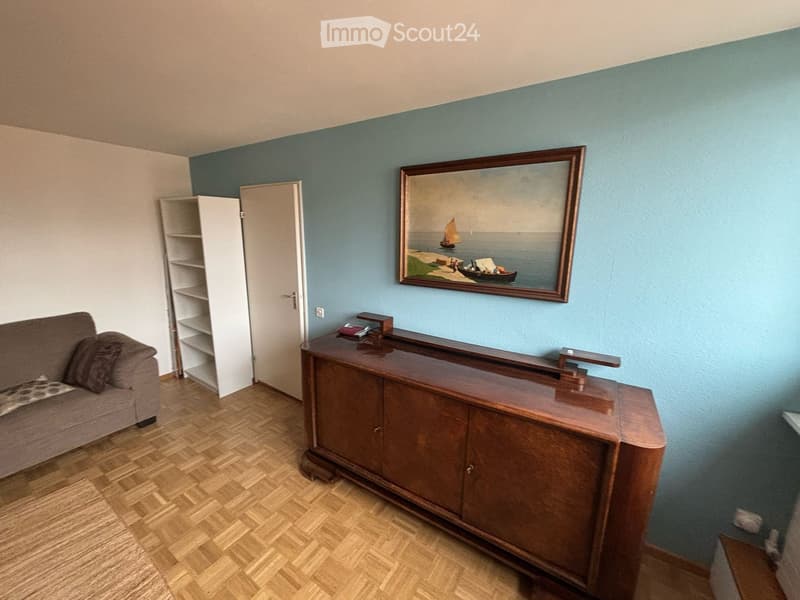 Living room with a sofa, a wooden cabinet, a small table, and a framed picture on the wall.