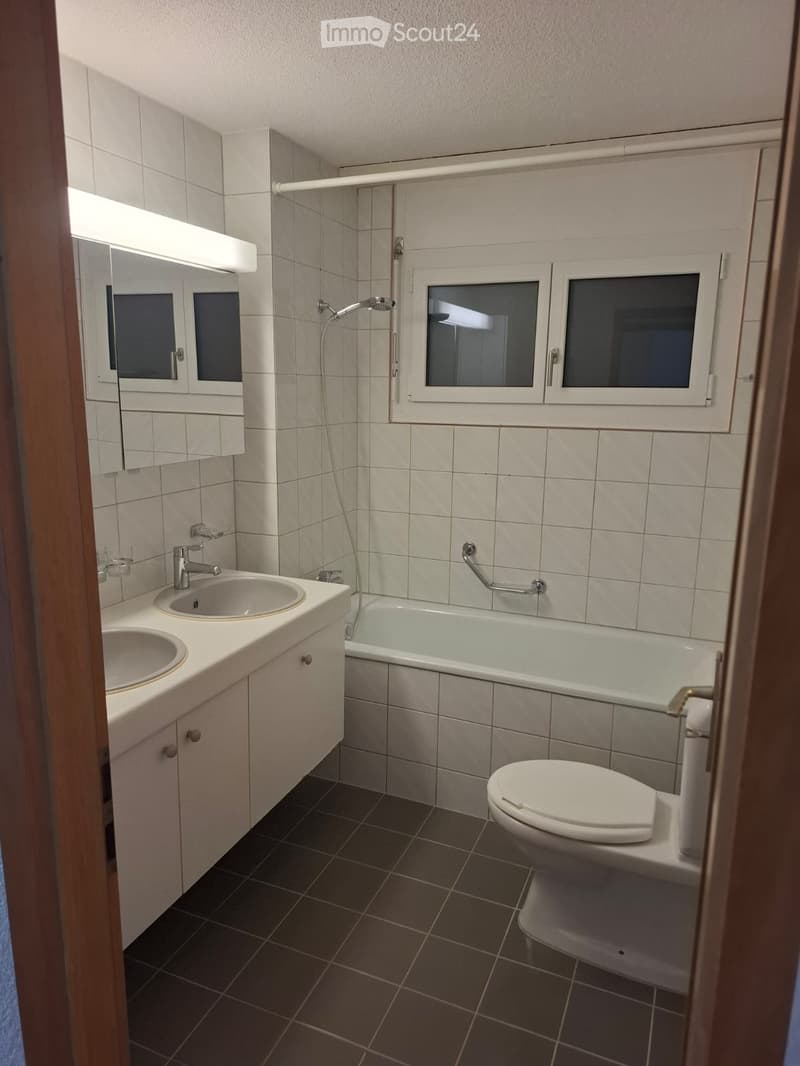 Modern bathroom with double sink, bathtub, toilet, and mirrored cabinet. Features tiled walls and dark tiled floor.