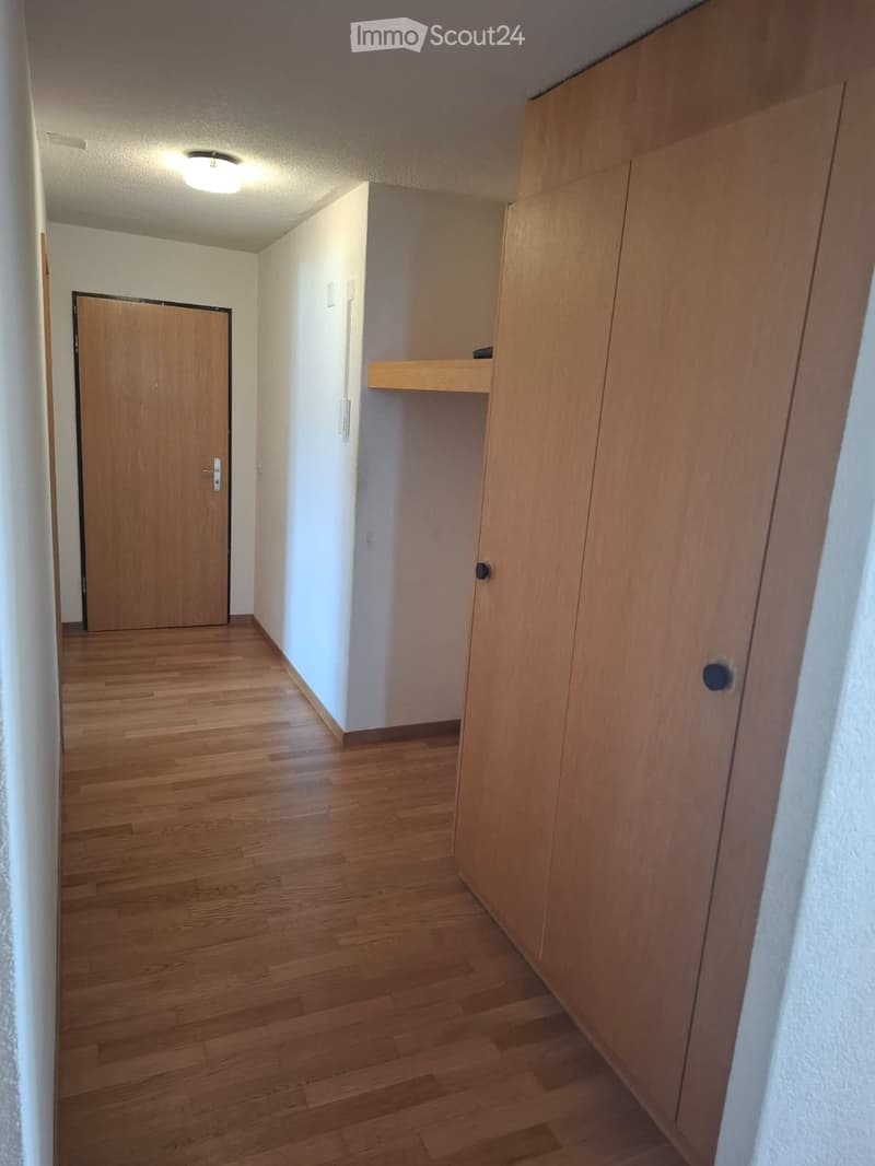 Empty hallway with wooden flooring, white walls, and a closed wooden door at the end.