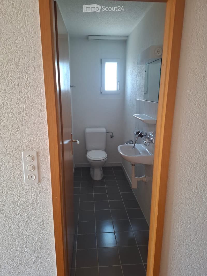 Modern bathroom with black tiled floor, white toilet, sink, and mirror. Features a small window and wooden door frame.