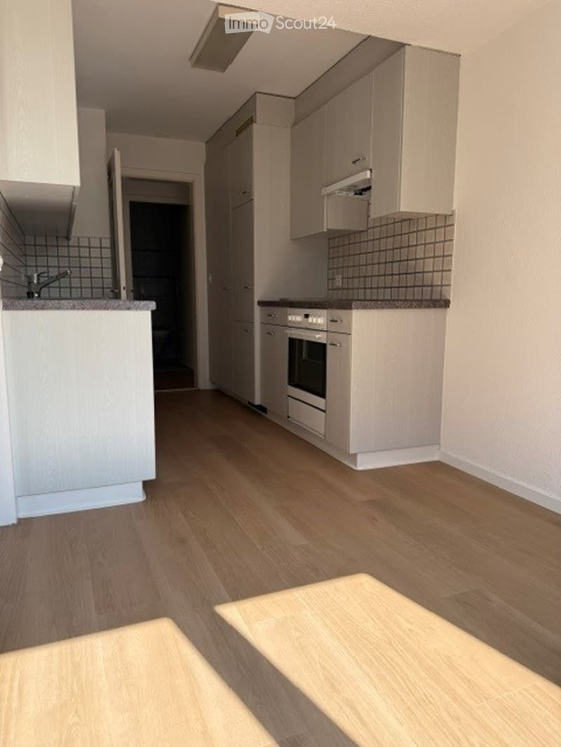 Modern kitchen with light-colored cabinets, wooden flooring, and built-in oven. Countertop and sink area visible.
