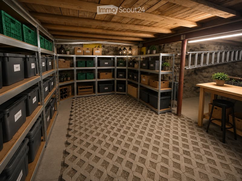 Organized storage room with metal shelving units holding labeled storage bins, green crates, and potted plants. Features a wooden table with a stool, a ladder, and a patterned tile floor.