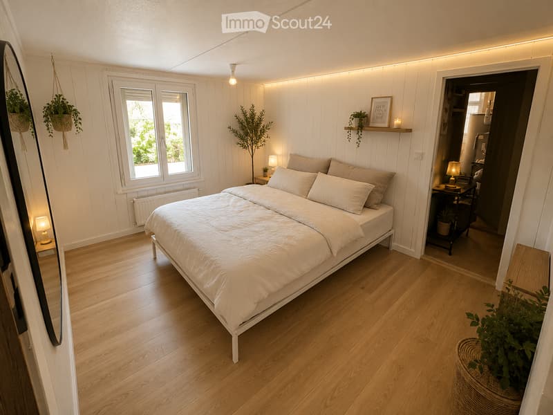 Cozy bedroom with a white bed, wooden floor, large window, and modern lighting. Features a nightstand with a lamp, a hanging plant, and a shelf with decor.