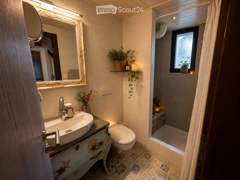 Elegant bathroom with a double sink, toilet, bathtub, ornate mirror, decorative shelf with plants and candles, and patterned tile flooring.