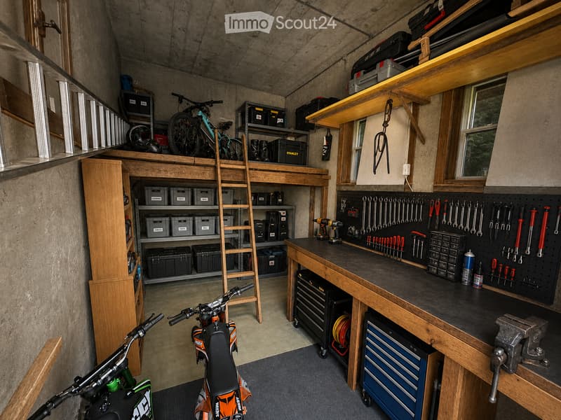 Well-organized garage with a wooden workbench, tool wall, bicycle, and storage shelves.