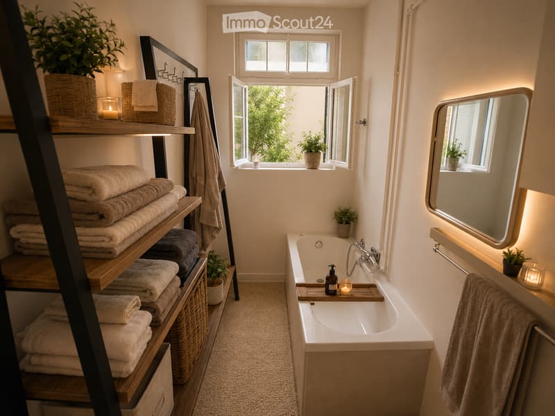 Cozy bathroom with a bathtub, large mirror, wooden shelves holding neatly folded towels, and small potted plants. A candle and bottle of soap sit on the edge of the tub.