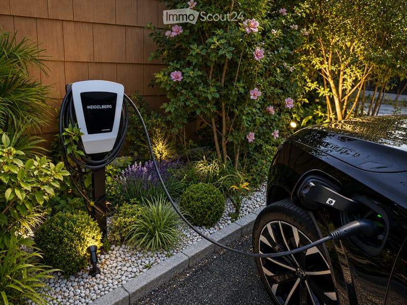A black electric car is charging at a home charging station surrounded by well-maintained garden with pink flowers, green shrubs, and a wooden house wall in the background.