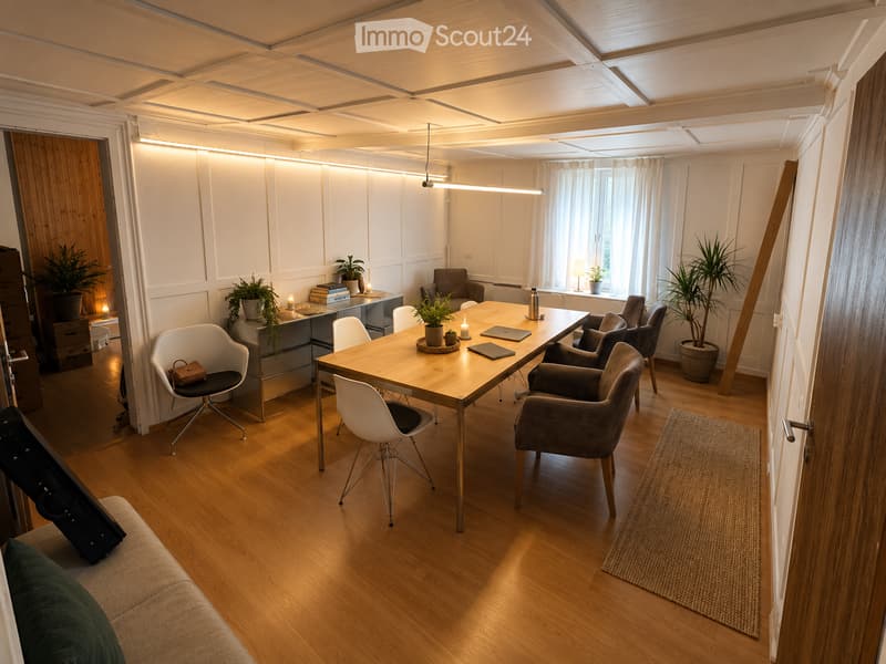 Bright, modern room with wooden flooring, large window with white curtains, and multiple seating areas including a sofa and chairs around a central table.