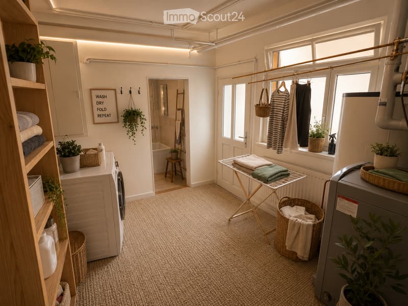 Well-lit laundry room with a washing machine, drying rack, ironing board, and various storage items including plants and baskets.