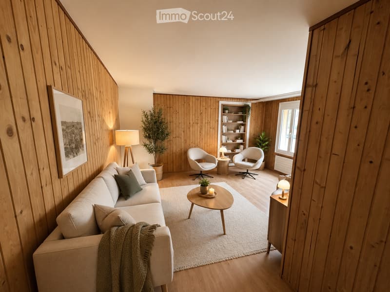 Modern living room with light wooden walls and flooring, featuring a beige sofa, coffee table, armchairs, floor lamp, and bookshelf.