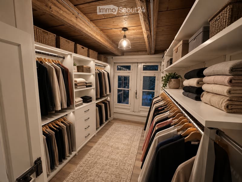 Well-organized walk-in closet with built-in storage, clothing racks, shelves, and decorative baskets. Features wooden beams, warm lighting, and a small window showing a night view.