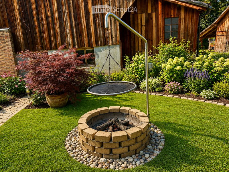 Well-maintained garden with a stone fire pit, a hanging grill, lush greenery, and a wooden house in the background.