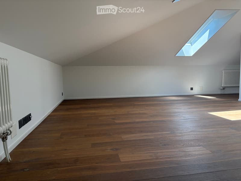 Empty room with wooden flooring, white walls, and a skylight window allowing natural light. Radiators are visible on both sides of the room.