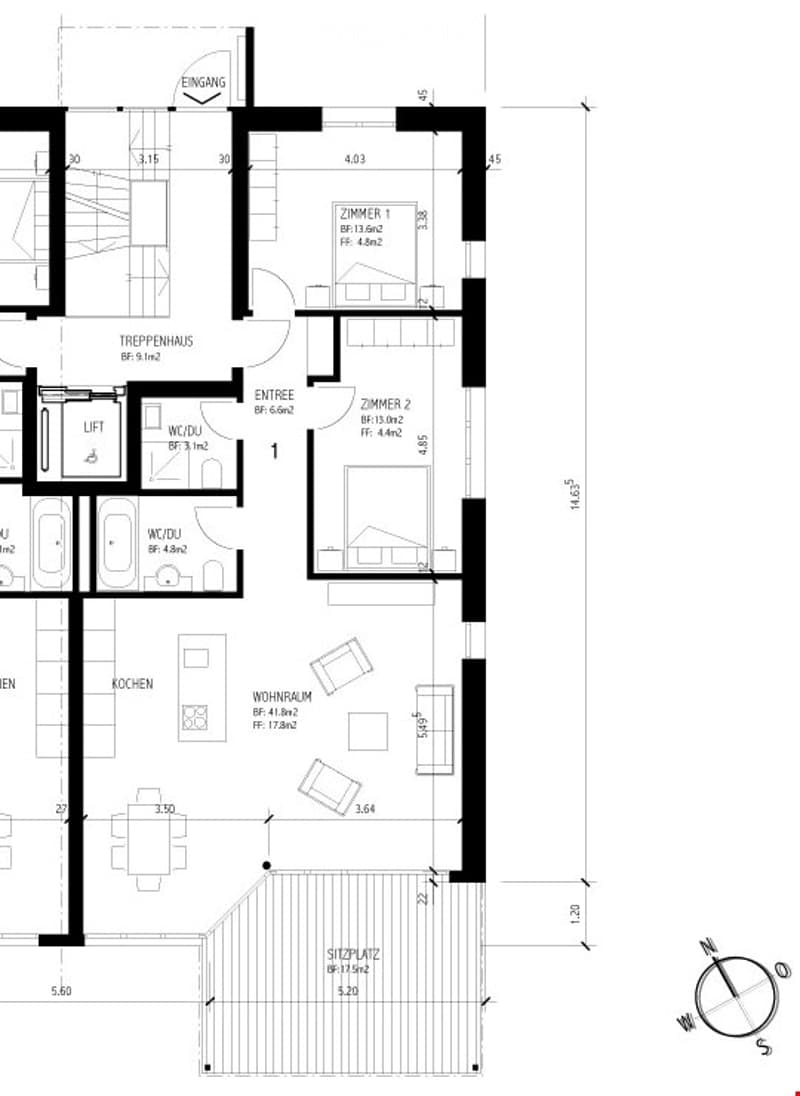 Floor plan of a multi-level residential building with labeled rooms including entrance, living room, kitchen, bedrooms, bathrooms, and a staircase.