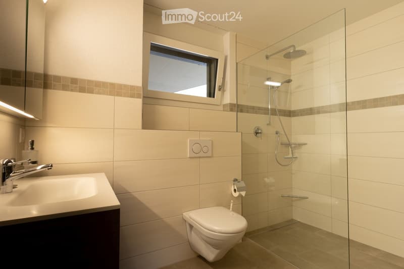 Modern bathroom with a white sink, chrome faucet, toilet, glass-enclosed shower with multiple showerheads, and a large mirror above the sink. The walls are tiled in beige with a decorative border.