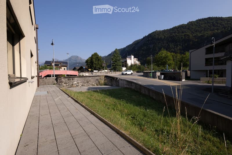 A paved pathway runs alongside a grassy area, with a stone wall and a small bridge in the background. The scene includes a road with a white car, buildings, and a mountainous landscape in the distance.