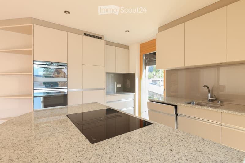 Modern kitchen with light-colored cabinets, granite countertops, built-in oven, induction cooktop, and a sink with a modern faucet.