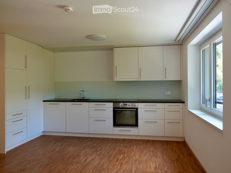 Modern kitchen with white cabinets, wooden flooring, and built-in appliances including a sink, faucet, and oven.