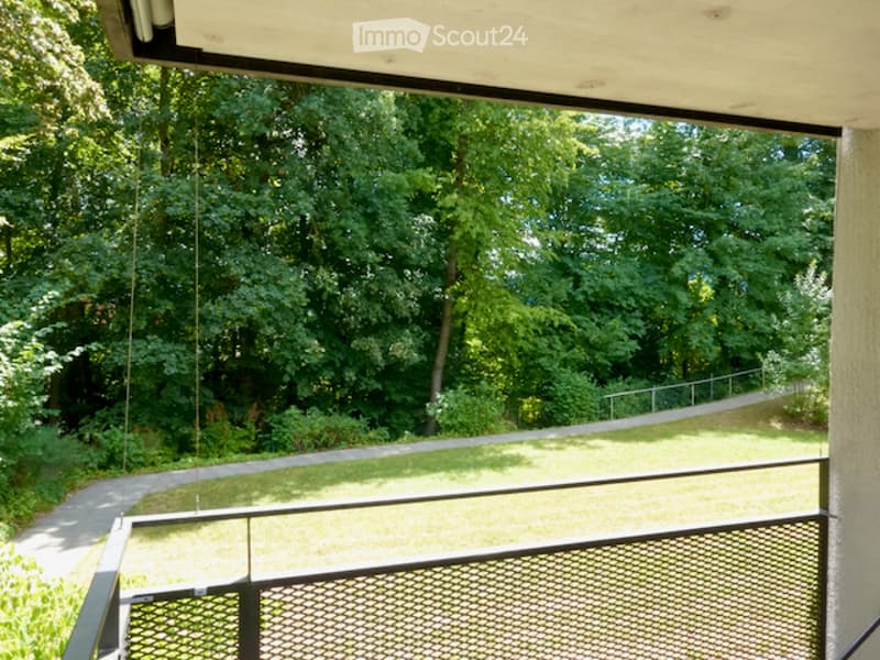 Balcony with metal railing, overlooking a green, tree-filled area with a pathway.