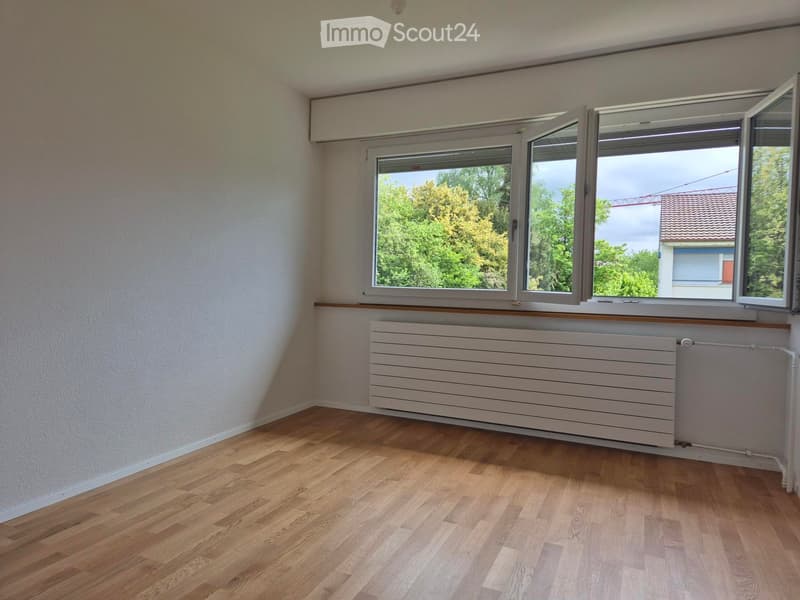 Empty room with wooden flooring, white walls, large windows, and a radiator under the windows.