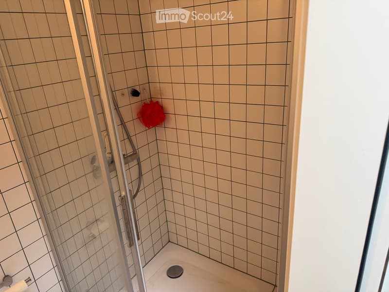 Modern shower stall with tiled walls, glass enclosure, and a red towel hanging on the wall.