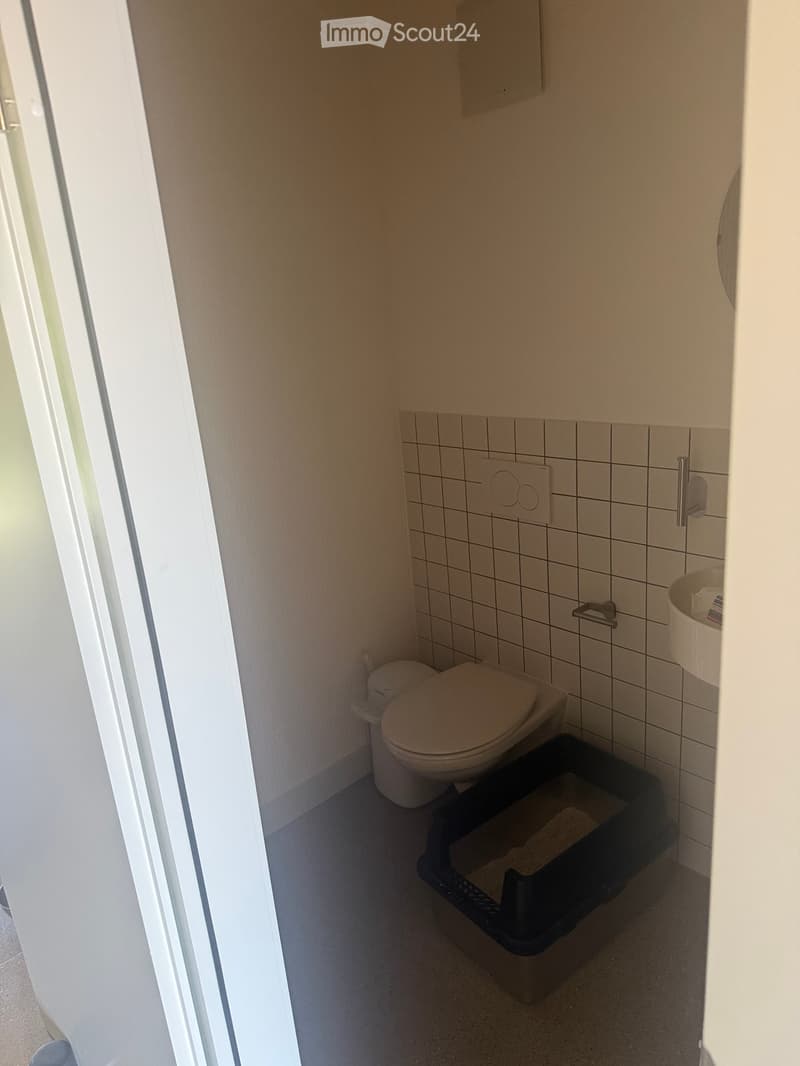 Small bathroom with a toilet, sink, and a black trash bin. The walls are tiled with white tiles and the floor is grey.