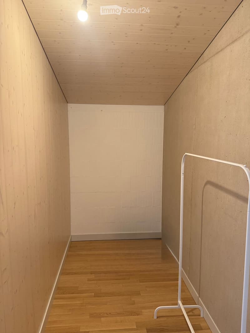 A narrow hallway with light wooden walls and ceiling, wooden flooring, and a white clothes rack on the right side.