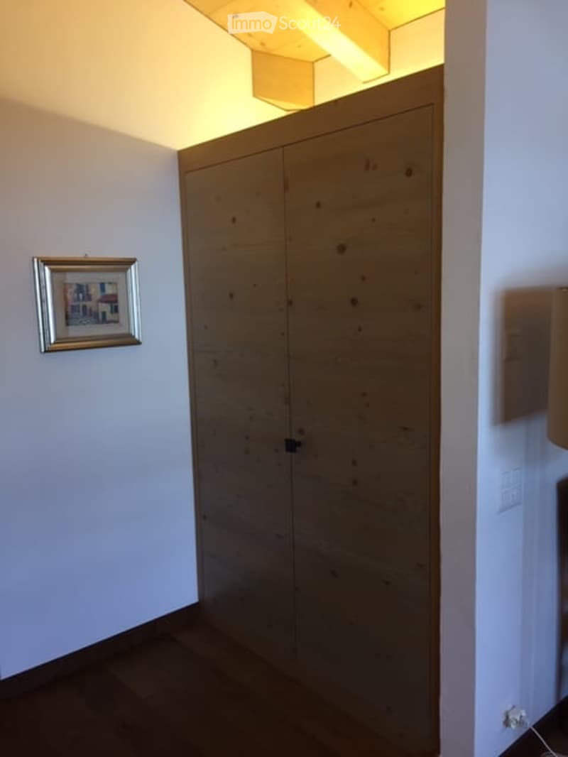 A narrow hallway with light wooden flooring, white walls, and a large wooden closet door. A framed picture hangs on the left wall, and a light fixture is visible on the ceiling.