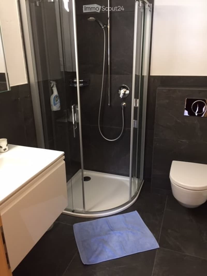 Modern bathroom with a glass-enclosed shower stall, a toilet, a sink with a cabinet, and a blue bath mat on the floor.