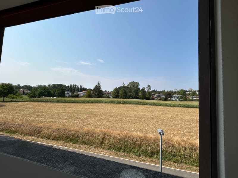 Balcony overlooking a rural landscape with a field, trees, and distant houses.