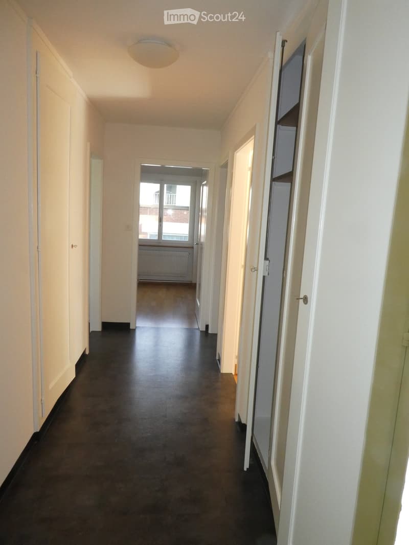 Empty hallway with dark flooring, white walls, multiple doors, and a ceiling light fixture. A window at the end provides natural light.