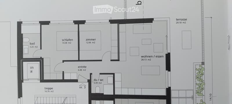 Floor plan showing a layout with a living/dining area, bedroom, bathroom, entrance, and a terrace.