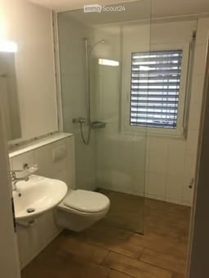 Modern bathroom with a white sink, toilet, and glass-enclosed shower. The room features wooden flooring and a window with blinds.