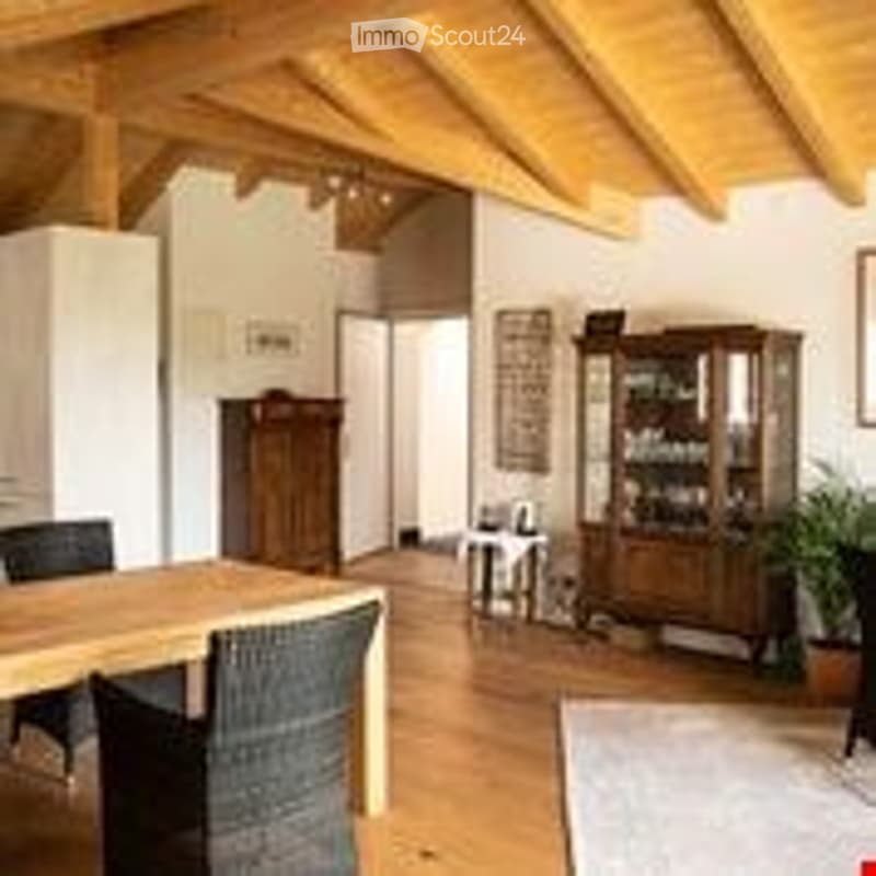 Bright dining area with wooden ceiling beams, a large dining table surrounded by chairs, a cabinet, and a potted plant in the corner.