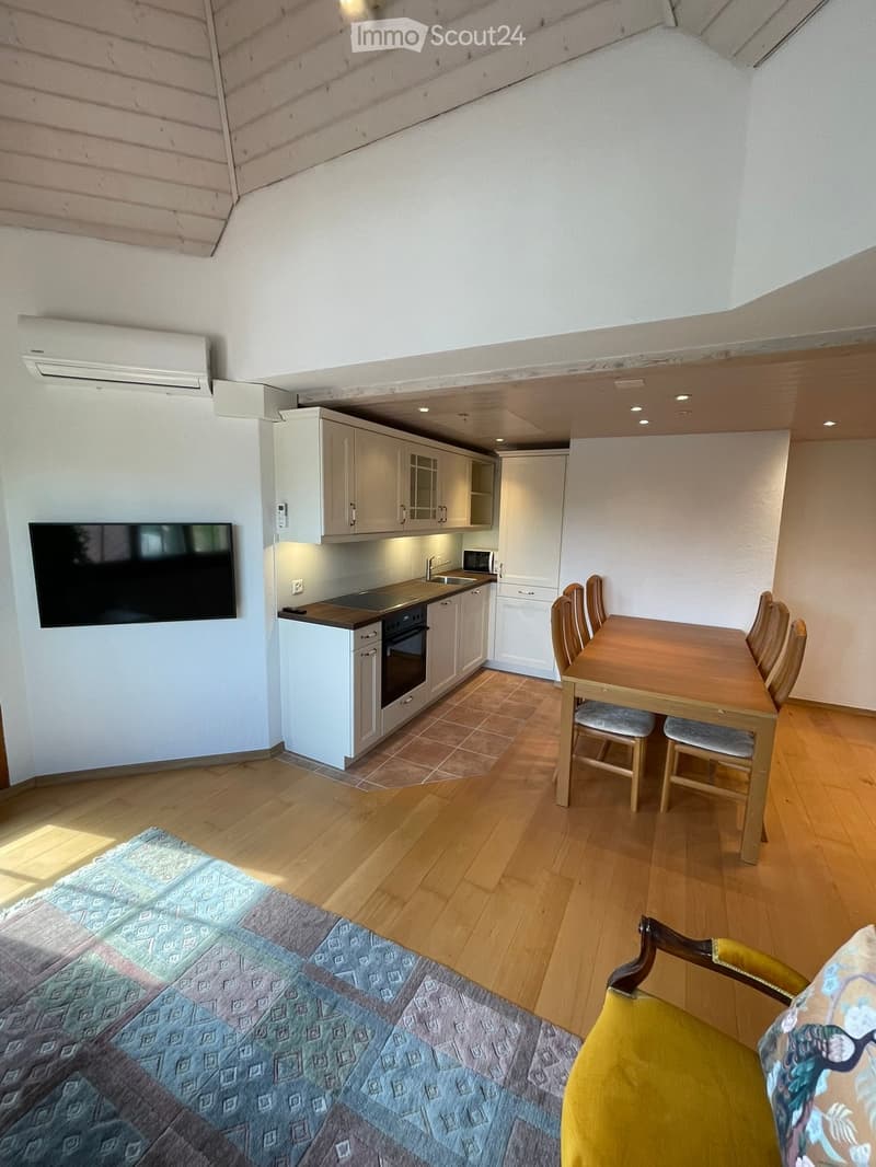 A modern, open-plan living and dining area with a wooden dining table, chairs, a television, and a compact kitchen featuring white cabinets, an oven, sink, and microwave.