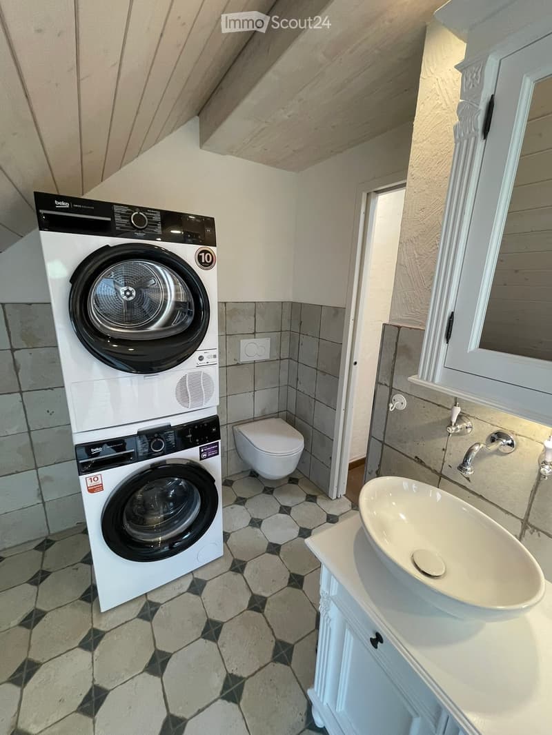 Modern bathroom with a white sink, faucet, toilet, and a stacked washing machine. The floor features a geometric tile pattern, and the walls are tiled with a mix of grey and beige tiles.