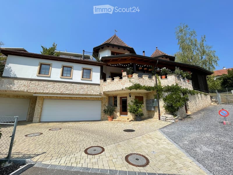 Two-story house with a stone facade, garage, and balcony area with plants. The driveway is paved with light-colored bricks.