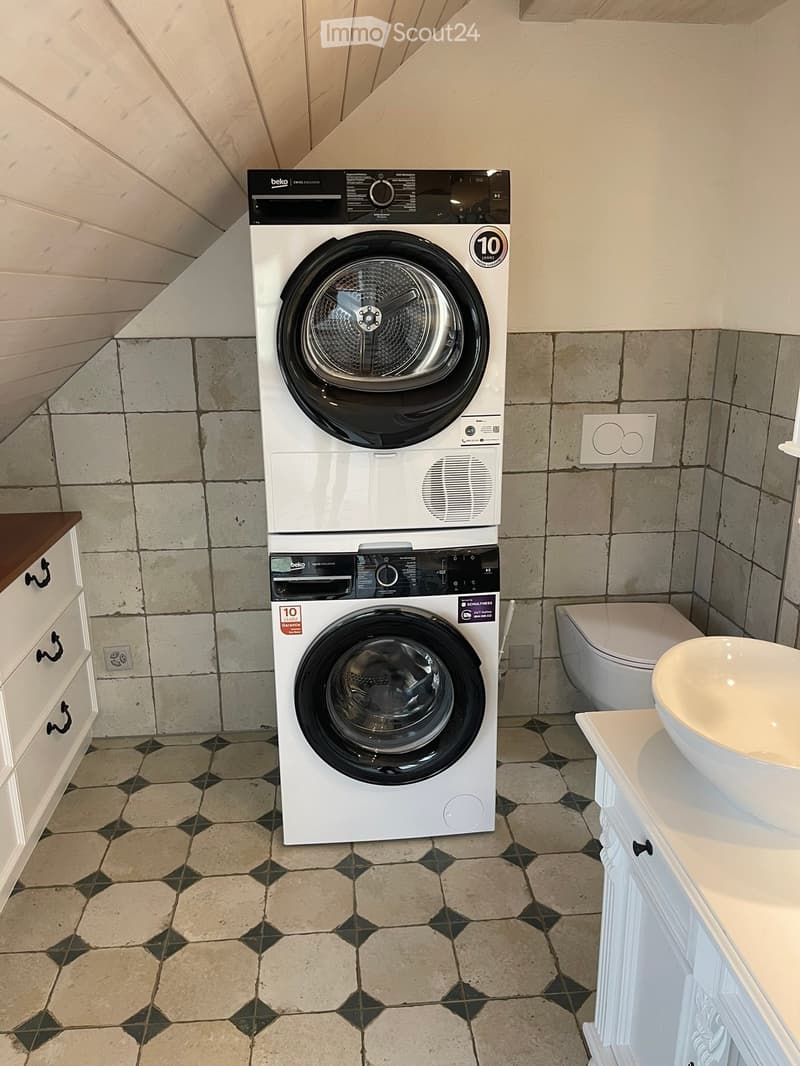 Bathroom with a white washing machine, a modern sink, and a toilet, featuring tiled walls and a patterned floor.